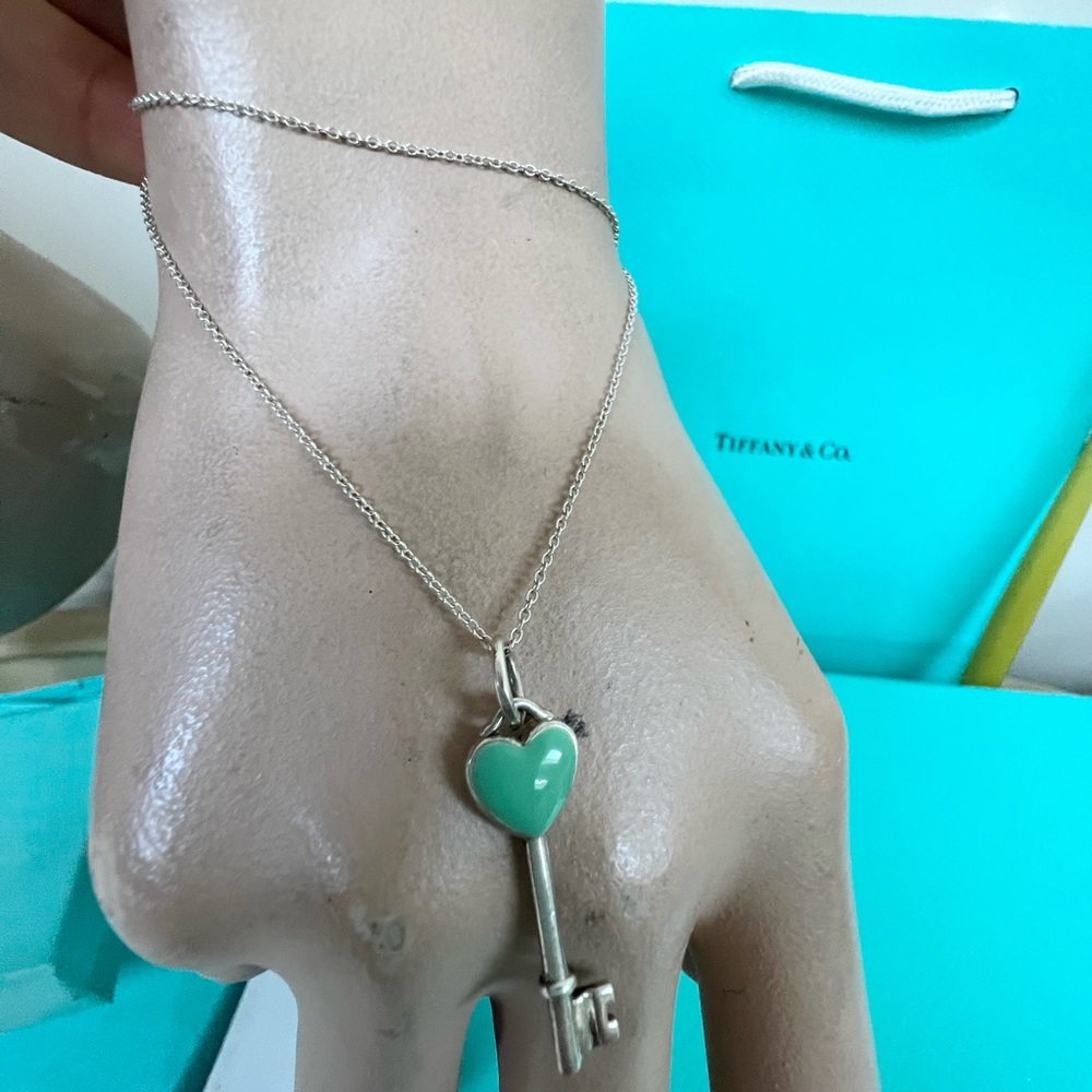 Tiffany & Co. Silver Key Necklace with Green Heart